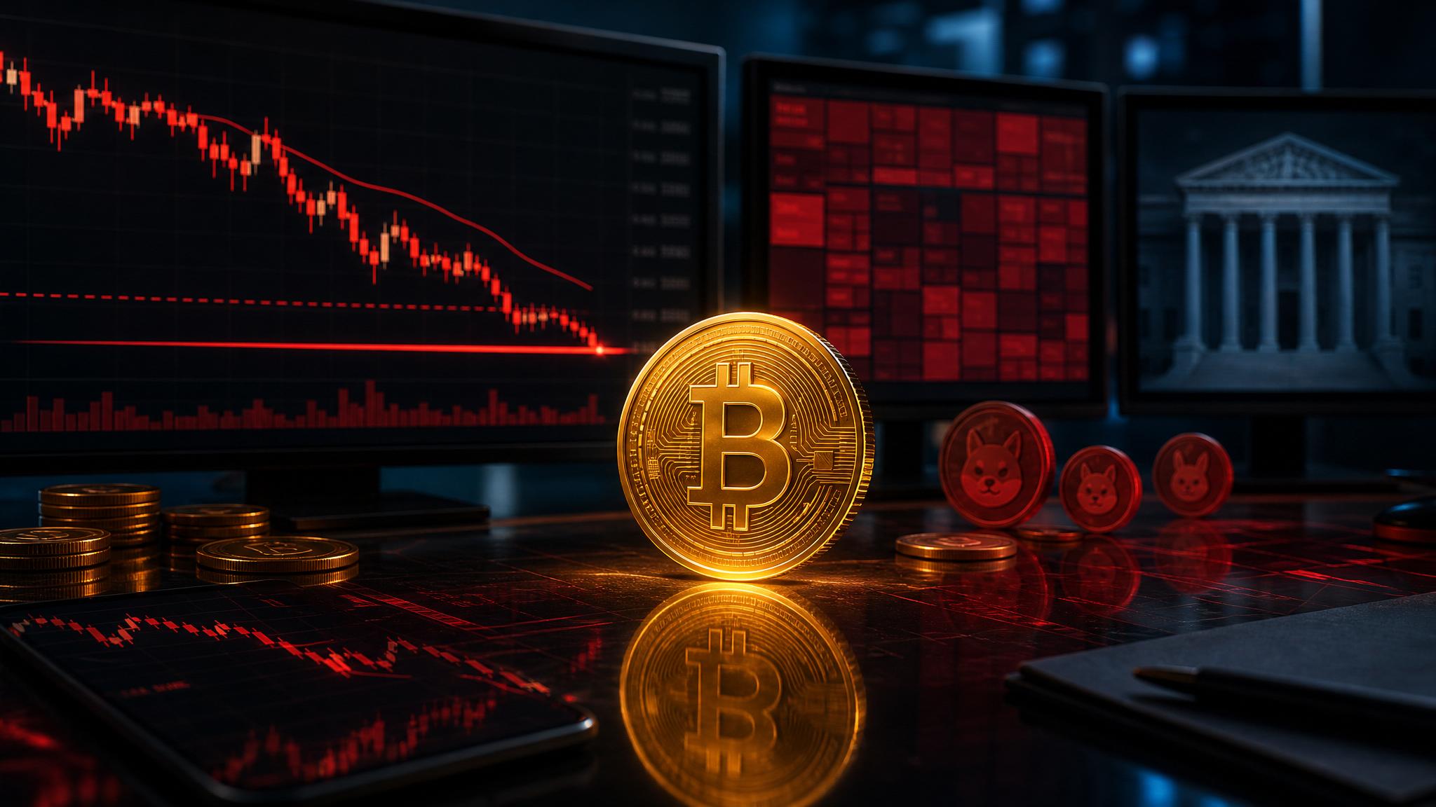 Crypto market selloff with Bitcoin chart, memecoin weakness and regulatory risk